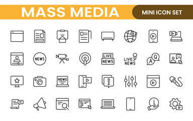 Mass media outline vector icons large set isolated on white background. media business concept. Media outline icons set.