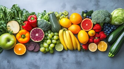 Fresh Fruits and Vegetables on Gray Background