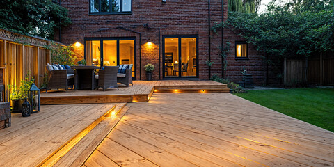Modern wooden backyard garden terrace with furniture and lighting at dusk