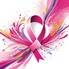 Pink ribbon line art brush style. Breast Cancer Awareness Month Campaign, attractive colorful bright abstract A poster for breast cancer awareness in white background