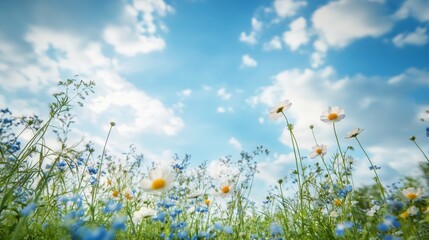 Bright Spring Meadow with Blue Sky