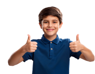 Smiling boy showing thumbs up. Cheerful child, positive gesture, transparent background.