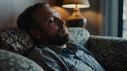 tired man resting on couch with closed eyes