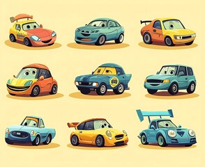 A collection of cartoon cars, capturing joy and vibrancy for creative design use.