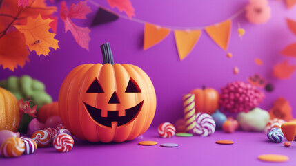 Halloween Party Setup Featuring a Pumpkin on a Purple Background, with Colorful Autumn Decorations and Whimsical Candy Toys for a Creative Celebration