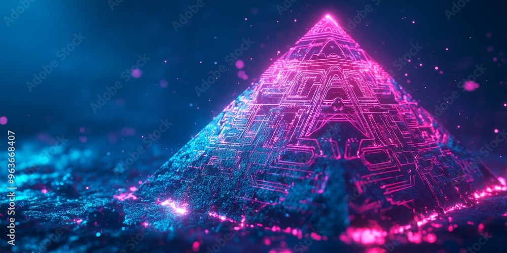 Poster a stunning 3d pyramid featuring neon colors and advanced hud technology, representing futuristic dat