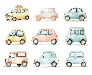 Playful watercolor car illustrations in pastels, designed to add charm to baby clothing.