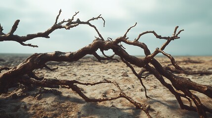 Twisted branches against a background of barren land, linking the intertwined challenges of water scarcity and environmental breakdown.
