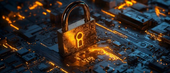 A digital padlock symbolizes cybersecurity amidst glowing circuitry, representing protection of data and technology innovations.