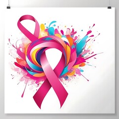 Fototapeta premium Pink ribbon line art brush style. Breast Cancer Awareness Month Campaign, attractive colorful bright abstract A poster for breast cancer awareness in white background
