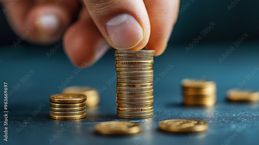 Poster a hand adding a coin to a stack of gold coins on a blue surface.