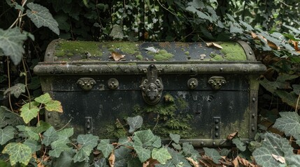 Antique chest found in the park near greenery.