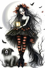 A cute cartoon girl in a witch costume holding a lamp, accompanied by cats, pumpkins, and bats Halloween elements, set against a white isolated background.