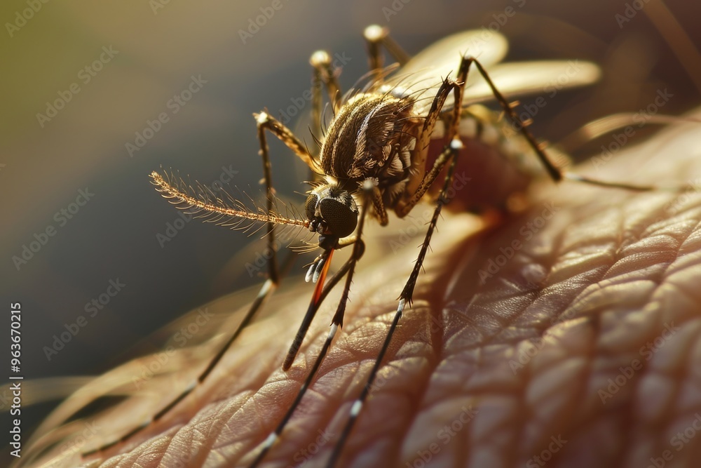 Wall mural macro close-up of mosquito biting human skin: nature and insects fascination. ai