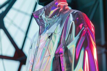 Fototapeta premium Futuristic iridescent jacket reflecting neon lights in urban setting. Mother-of-pearl texture.. AI