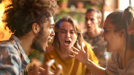 Obraz premium A heated debate unfolds among a diverse group of individuals, raising their voices in disagreement.