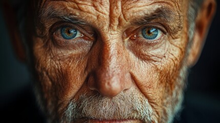 A close-up of a beautiful aged face with deep wrinkles. A face with wrinkles that reveal memories and accumulated wisdom.