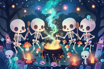 Naklejka premium Halloween spooky skeleton gathering in enchanted forest with glowing cauldron. AI