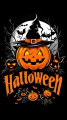 Spooky halloween pumpkin art with witch hat and bats for festive decorations. AI