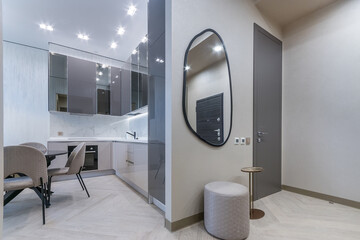 Modern design of the studio apartment in light gray tones. Entrance hall with pouf .and mirror....