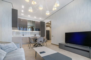 Studio apartment with stylish interior design. A large TV, an elegant sofa and a modern .kitchen set with built-in appliances.