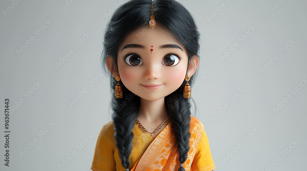 Wall mural 
A cute smiling Indian girl, 3D cartoon character
