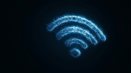 Futuristic Connectivity: Blue Glowing Wi-Fi Symbol with Wireframe Mesh, Representing Digital Network Access and Internet Connectivity. photo