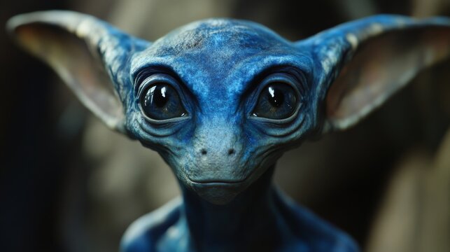 A close-up captures a blue-skinned alien with large, pointed ears that stand out. An alien with expressive eyes and unique features of curious intelligence.