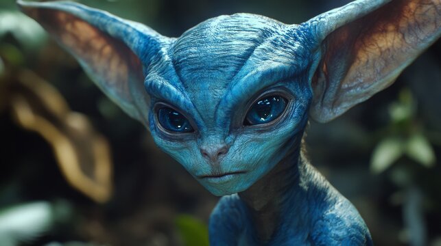 A close-up captures a blue-skinned alien with large, pointed ears that stand out. An alien with expressive eyes and unique features of curious intelligence.