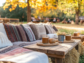 Cozy outdoor seating area with cushions, drinks, and autumn decor at fall harvest festival. Perfect for relaxation and enjoying season.