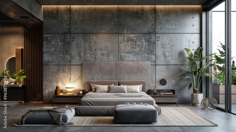 Wall mural contemporary bedroom featuring a grey concrete wall.