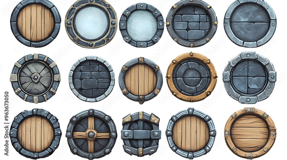 Poster game round interface frames. cartoon ui circle game asset items, empty golden medieval silver textur