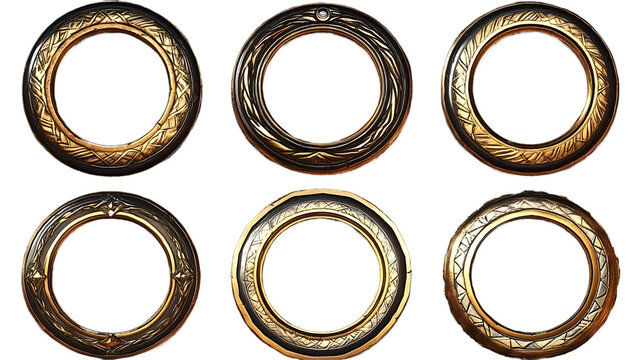 Game round interface frames. Cartoon UI circle game asset items, empty golden medieval silver textured borders for GUI design. Generative AI   