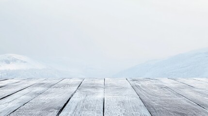 Frosty Landscape with Wooden Plank Surface