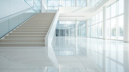 Modern Corporate Design: Empty Staircase in a Business Office Building with Shiny Floors, Glass Structure, and Reflections in the Lobby. photo