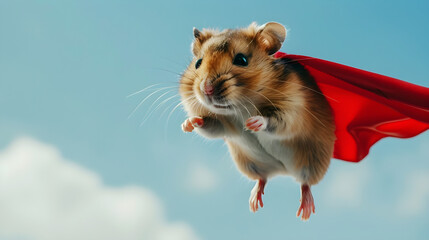 A hamster in red superhero cape soaring above cityscape at night in comic book style.