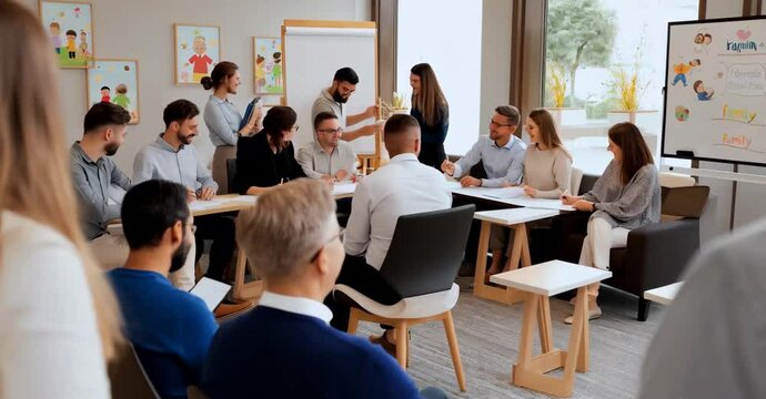 school parents meeting, People, parents with children in the audience watching a children's show. Sold out. Shooting from the back.