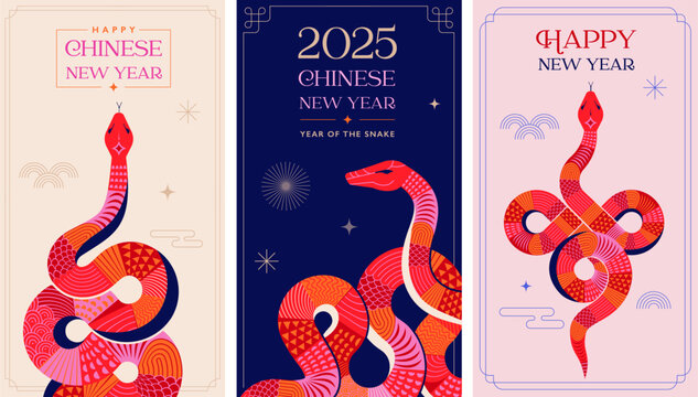 Chinese new year 2025 year of the Snake. Red Snake illustrations, vertical design, cards, banners. Red traditional Chinese vector designs with snakes. Lunar new year concept, geometric modern design