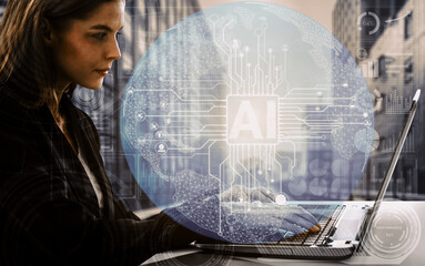 AI Learning and Artificial Intelligence Concept - Icon Graphic Interface showing computer, machine...