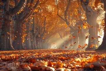 A beautiful pathway covered in autumn leaves with sunlight filtering through vibrant trees