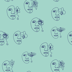 Outline woman face, abstract flowers leaves, line continuous drawing vector seamless pattern. Female portrait