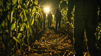 Spooky scarecrows guard a haunted corn maze, looming in the shadows of the night.