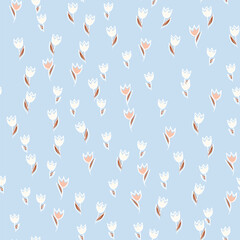 Spring colorful vector illustration with tulips. Cartoon style. Simple minimalistic pattern with nature elements. Vector illustration for fabric, textile, poster, invitation