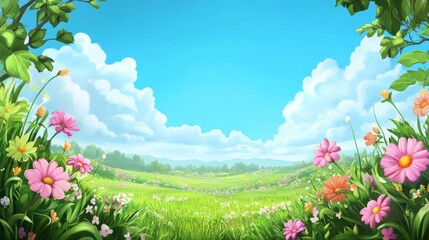 Obraz premium A colorful 2D illustration depicts a joyful spring landscape with lush grass, vibrant flowers, and a bright blue sky, all in a whimsical cartoon style that inspires creativity and happiness