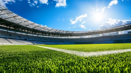 Fototapeta premium Vibrant Soccer Stadium under Blue Sky