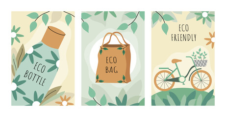 Eco friendly. Eco bag, eco bottle, bicycle. Go green. Zero waste. Banner, poster, card. Flat vector illustration.