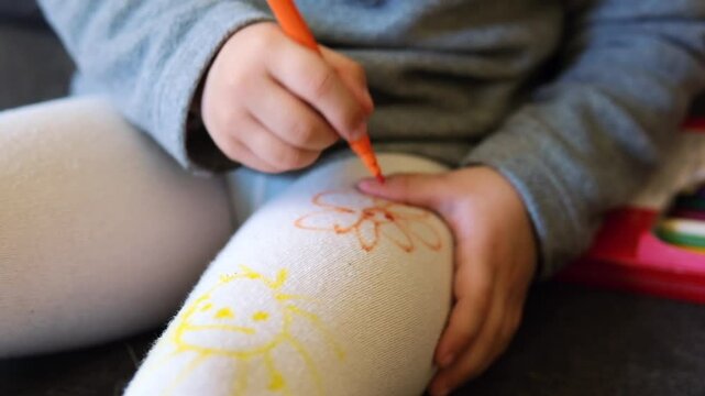 Concentrated Child Drawing with Coloring Pen - Tight Face Close-up. A child deeply focused on drawing on tights