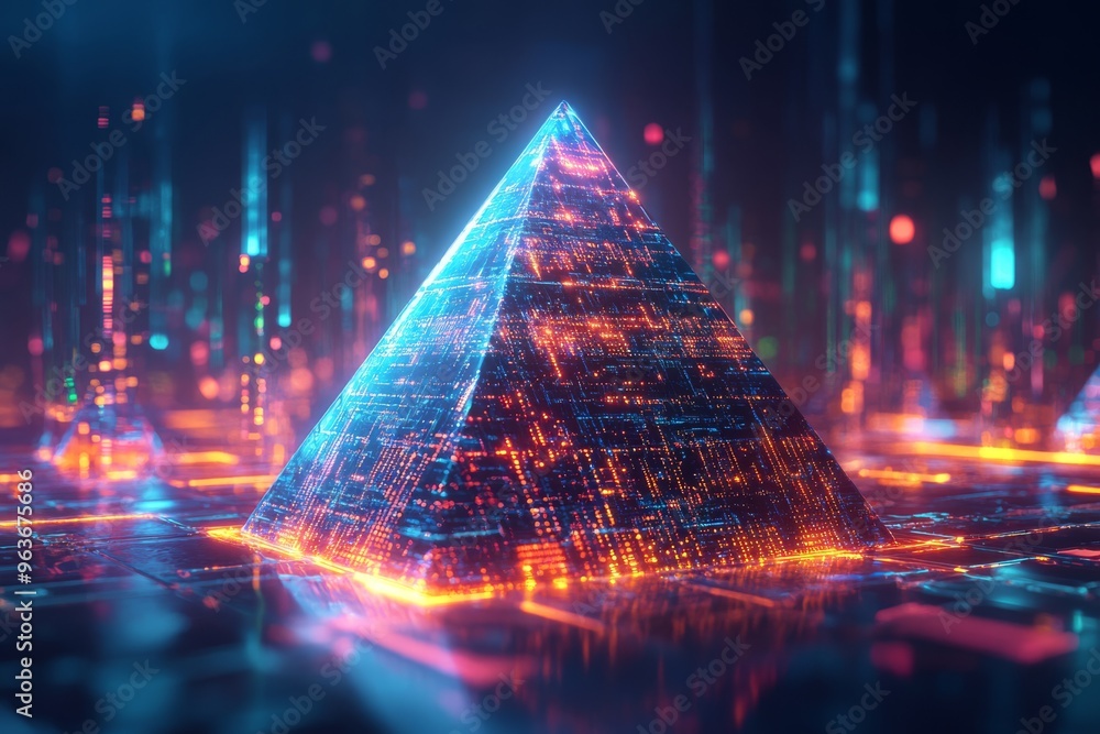 Poster a striking threedimensional pyramid structure, beautifully illuminated with advanced data analysis t