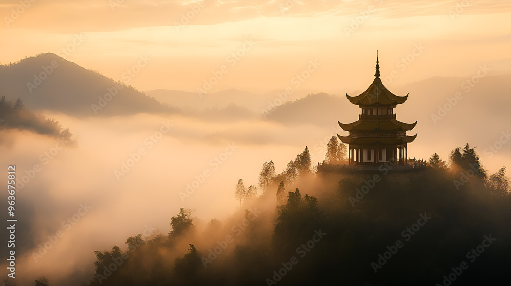 Wall mural temple on the mountain