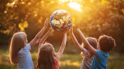 Children Holding the Earth at Sunset
